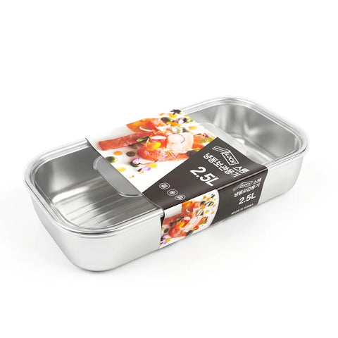 Stainless steel container with a colorful label on a white background