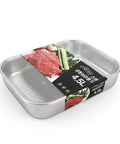 Stainless steel food container with a label on a white background