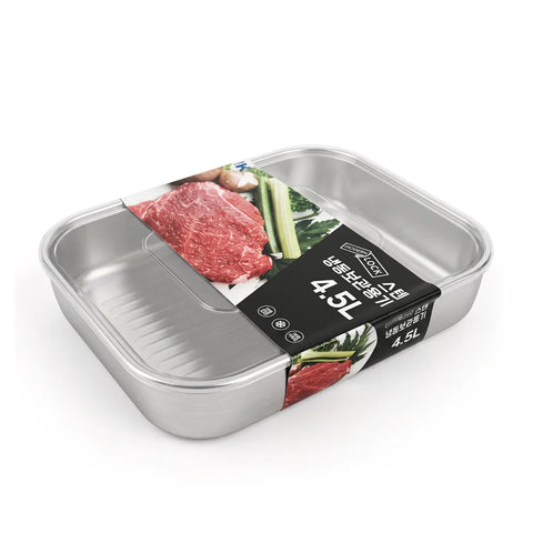 Stainless steel food container with a label on a white background