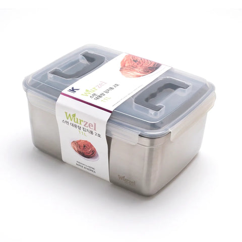 Stainless steel container with a clear lid featuring the Wurzel brand on a white background.