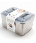 Stainless steel food container with a clear lid on a white background