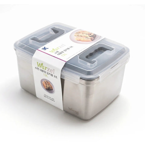 Stainless steel food container with a clear lid on a white background