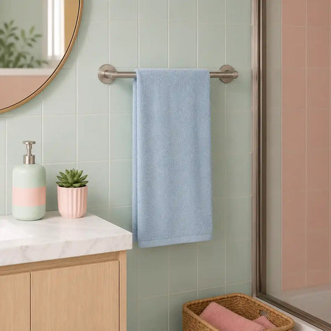 Bathroom with a light blue towel hanging on a rack, a pink cabinet, and a green plant.