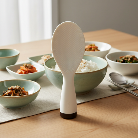 White rice paddle on a table with bowls of food