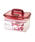 Clear plastic container with a red lid on a white background