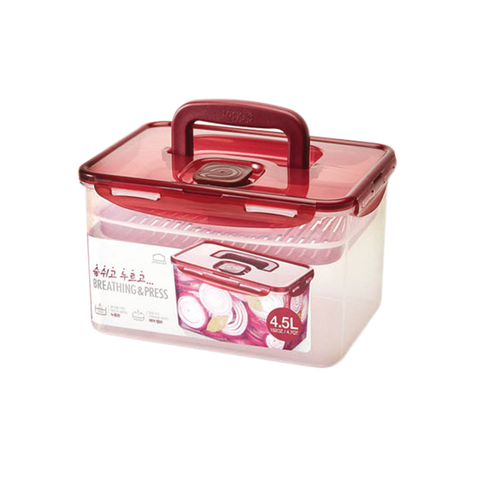 Clear plastic container with a red lid on a white background