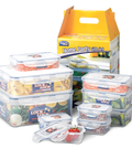 Lock & Lock food storage containers with a yellow gift box on a white background