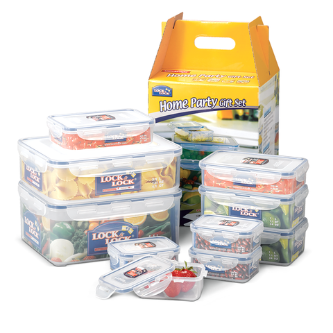 Lock & Lock food storage containers with a yellow gift box on a white background