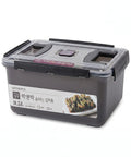 Gray food storage container with a clear lid on a white background