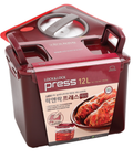 Red and brown food container with 'Lock&Lock Press' branding on a white background