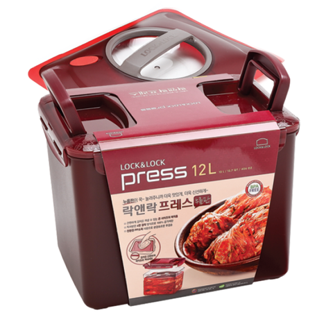Red and brown food container with 'Lock&Lock Press' branding on a white background