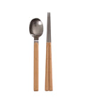 Stainless steel spoon and chopsticks with brown handles on a white background