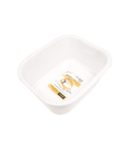 A white rectangular plastic food tray with rounded corners, shown from an elevated angle on a white background. A small yellow and white label is visible inside the tray.