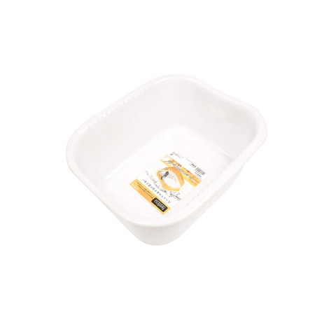 A white rectangular plastic food tray with rounded corners, shown from an elevated angle on a white background. A small yellow and white label is visible inside the tray.