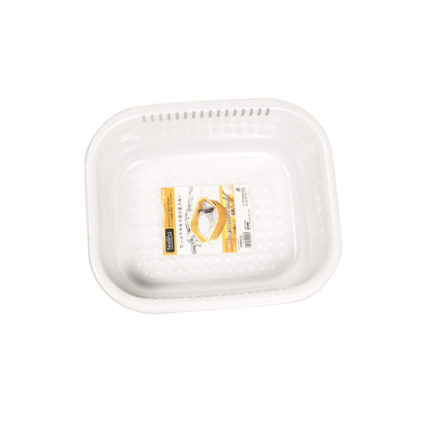 A white plastic rectangular colander basket with perforated edges and a small product label inside, shown on a plain white background.