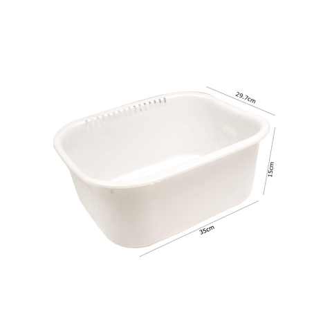 A white rectangular plastic basket or tub with dimension lines and measurements (29.7cm, 15cm, 35cm) overlaid on a plain white background.