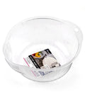 A clear plastic pet feeding bowl with a handle on the right side, shown on a white background with its retail packaging card inside.
