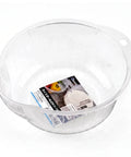 A clear plastic bowl with a molded handle and a small printed product insert card inside, photographed on a clean white background.