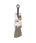 A metal turner spatula with a dark gray handle and a textured silver-gray blade, shown hanging from its retail packaging card against a plain white background.