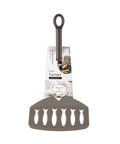 A gray silicone fish turner spatula with a black handle, shown with its retail packaging card against a plain white background.