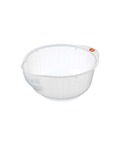 A white plastic rice washing colander bowl with a ribbed interior and a small red accent ring near the handle, shown on a plain white background.