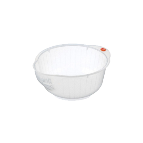 A white plastic rice washing colander bowl with a ribbed interior and a small red accent ring near the handle, shown on a plain white background.