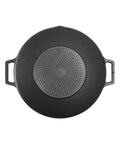 Black cast iron skillet with handles on a white background