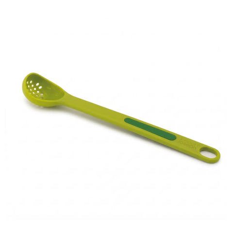 Green slotted ladle spoon on a white background