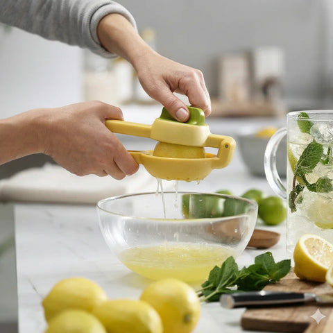 Person using a lemon squeezer with lemons and a glass of lemon water on a kitchen counter.
