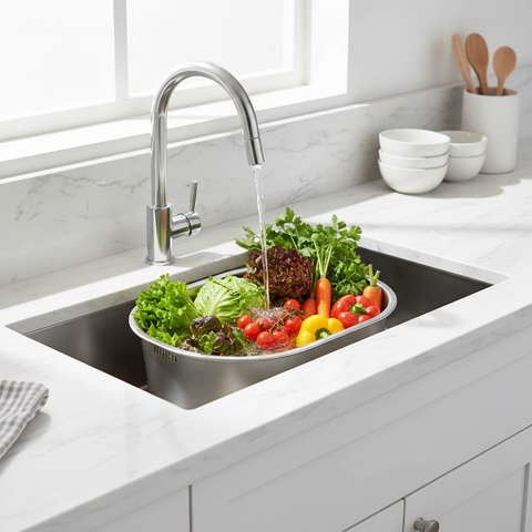 Kitchen sink with fresh vegetables being washed under running water