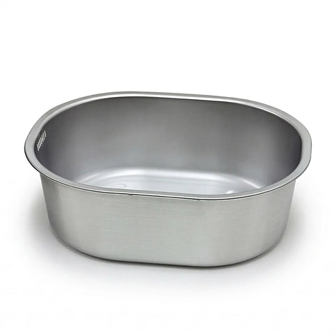 Stainless steel dish tub on a white background