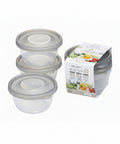 Three small translucent plastic food storage containers with lids are shown next to their retail box on a white background. The packaging is white with colorful food illustrations and Japanese text, including 'HOME PACK' and '250mL'.