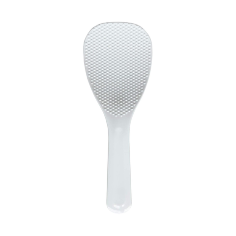 A white plastic rice paddle with a textured, dimpled surface on the head and a smooth handle, shown against a plain white background.
