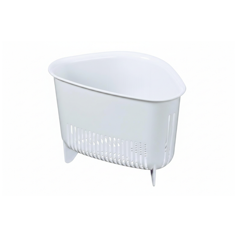 A white plastic corner sink drain basket with a slotted front and short legs, shown on a plain white background.