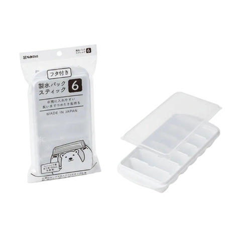 A clear and white plastic ice cube tray with six compartments shown next to its retail packaging on a white background. The packaging is white and clear with Japanese text and a cartoon bear illustration.