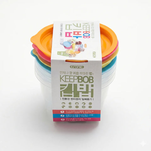Stack of colorful containers with a KEEPBOB packaging on a white background