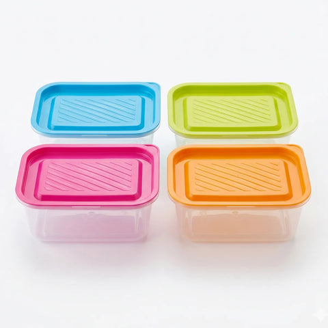 Four colorful plastic containers with lids on a white background