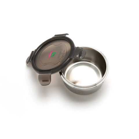 Stainless steel food container with lid on a white background