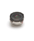 Stainless steel food container with black lid on a white background