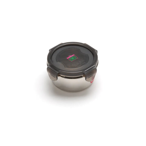 Stainless steel food container with black lid on a white background