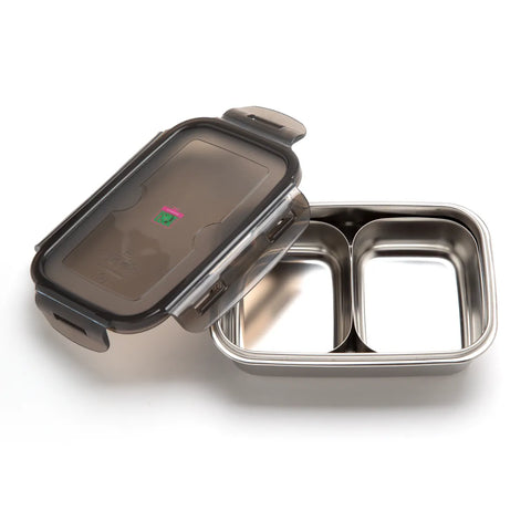 Stainless steel food container with a black lid on a white background