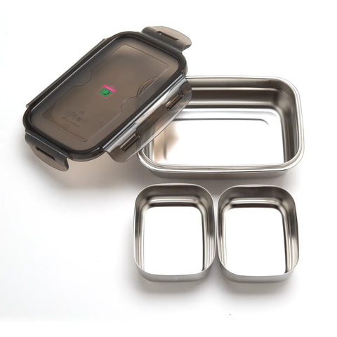 Stainless steel food container with black lids and removable inserts 