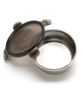 Stainless steel food container with lid on a white background