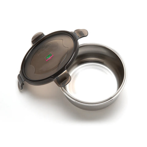 Stainless steel food container with lid on a white background