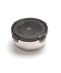 Stainless steel food container with black lid on a white background