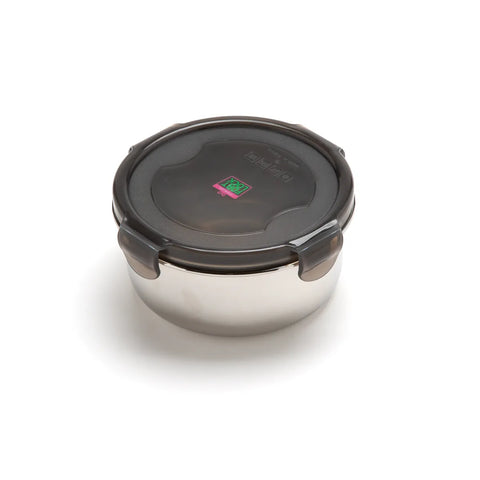 Stainless steel food container with black lid on a white background