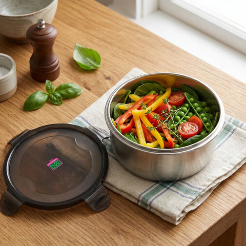 Stainless steel food container with vegetables on a wooden table