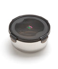 Stainless steel food container with a black lid on a white background