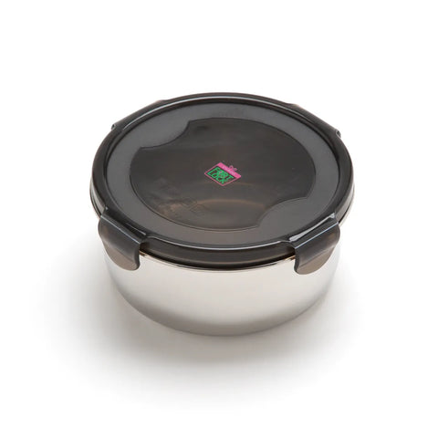 Stainless steel food container with a black lid on a white background
