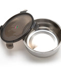 Stainless steel food container with lid on a white background